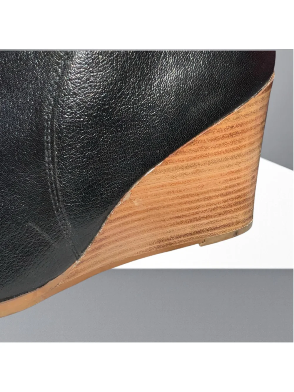 Diba Black Leather Zip Ankle Boots Buckle Strap Wood Look Wedge Heel Women Sz 8